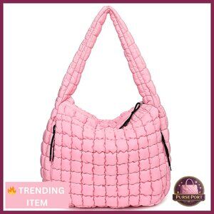 Premium Nylon Puffer Tote Bag, Lightweight Quilted Shoulder Bag for Work Travel